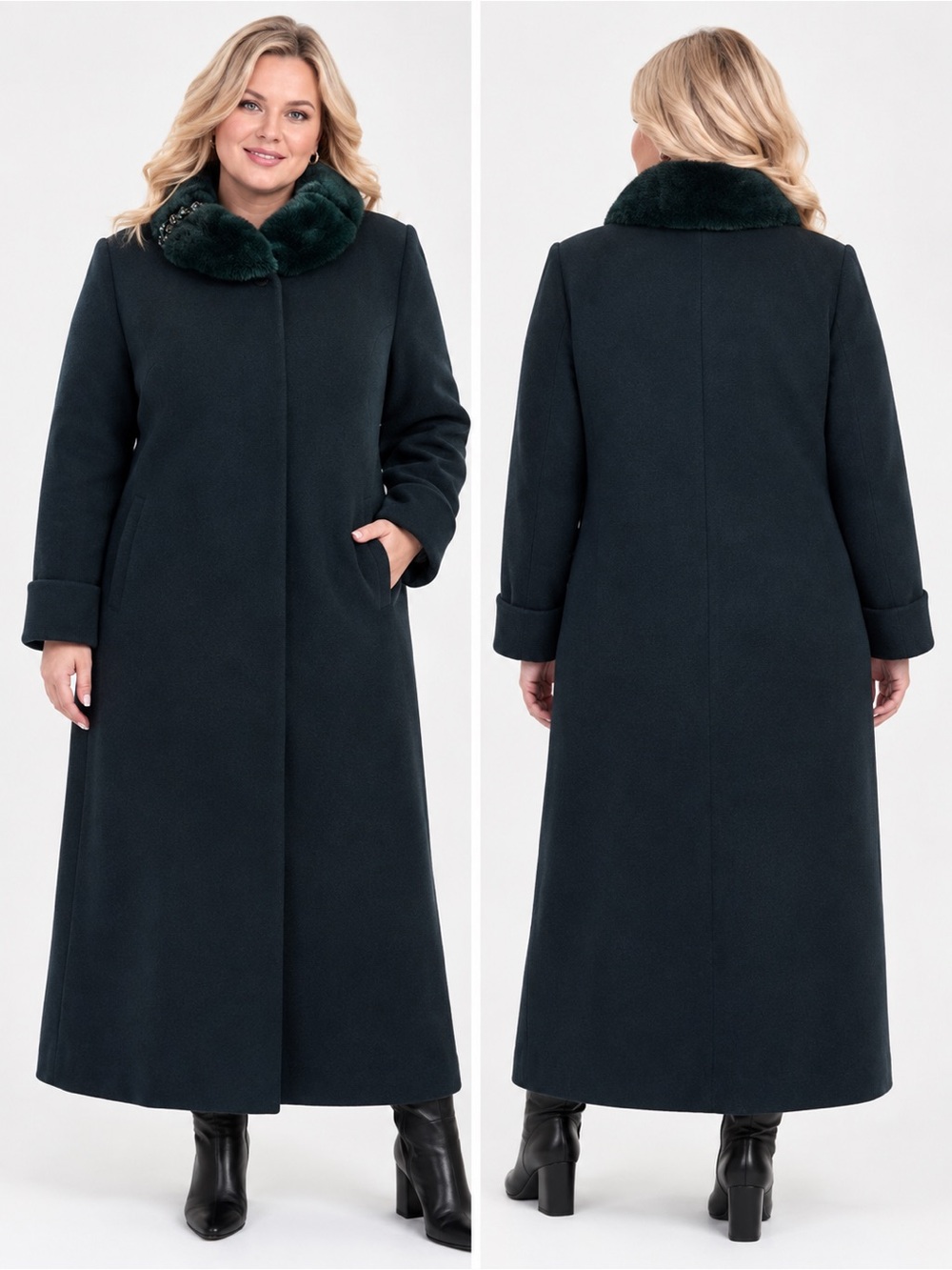NWT WOMEN PLUS SIZE LONG COAT WOOL/CASHMERE BLEND REAL MINK FUR COLLAR INSULATED